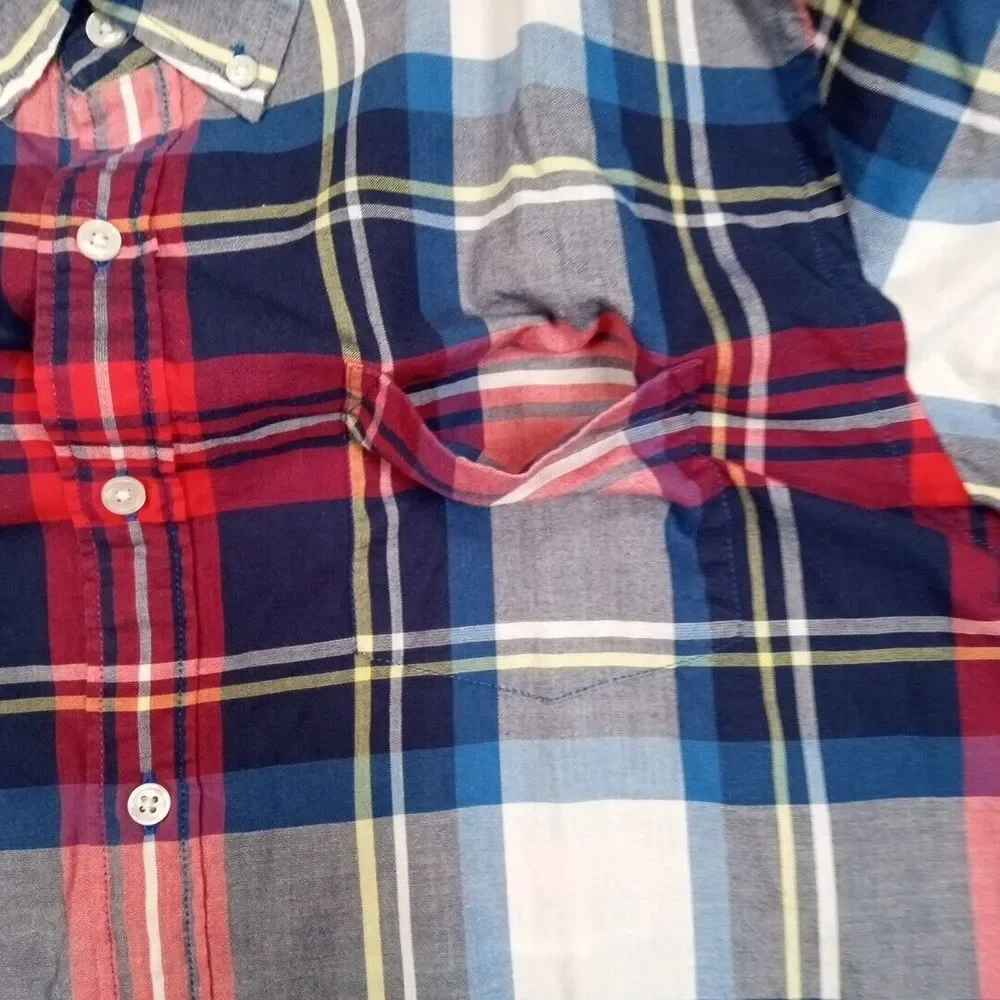 J. Crew Shirt Mens L Blue Woven Preppy Career Casual Plaid Pocket Button Up‎